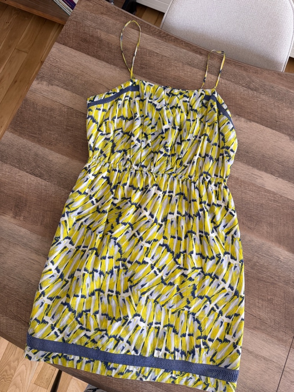 BCBGeneration Yellow, White & Navy Print Spaghetti Strap Dress